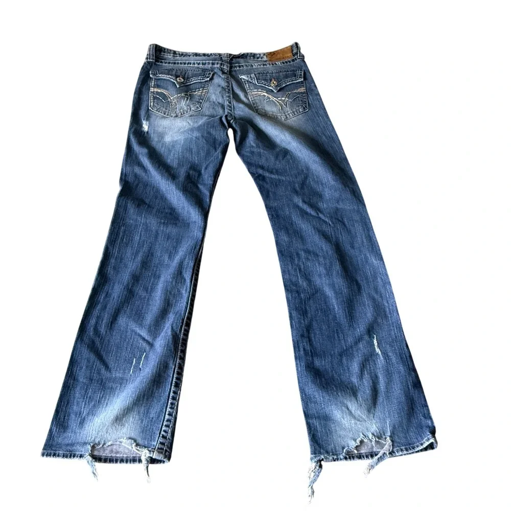Big Star‎ Pioneer Bootcut Jeans Mens 36L Blue Distressed Frayed Hem Medium Wash